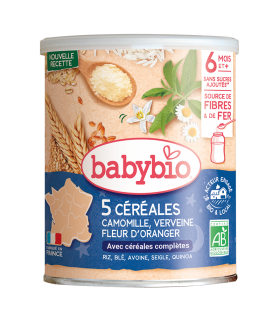 BABYBIO 5 CEREALES VERVEINE FLEUR D'ORANGER CAMOMILLE 220G