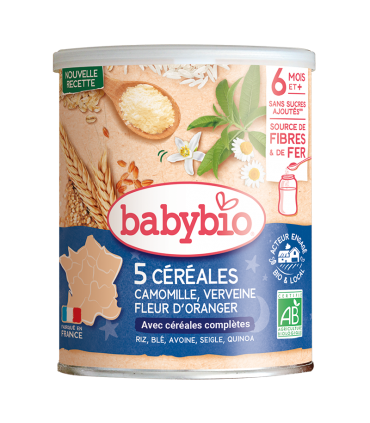 BABYBIO 5 CEREALES VERVEINE FLEUR D'ORANGER CAMOMILLE 220G